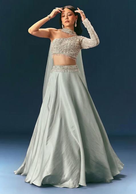 Mint Green Embroidered Handwork  Lehenga Set