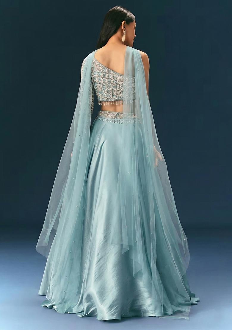 Sky Blue Embroidered Handwork Lehenga Set - Indya