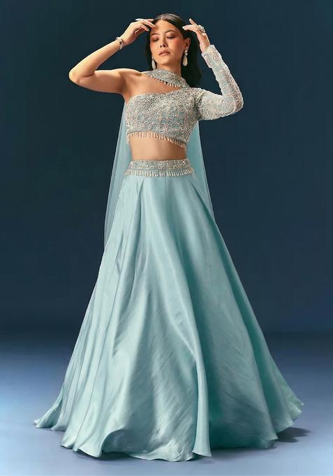 Sky Blue Embroidered Handwork Lehenga Set