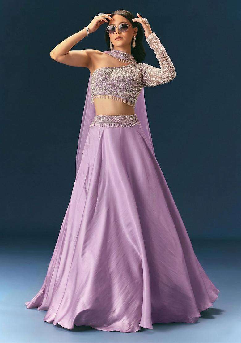 Lavendar Embroidered Handwork Lehenga Set - Indya