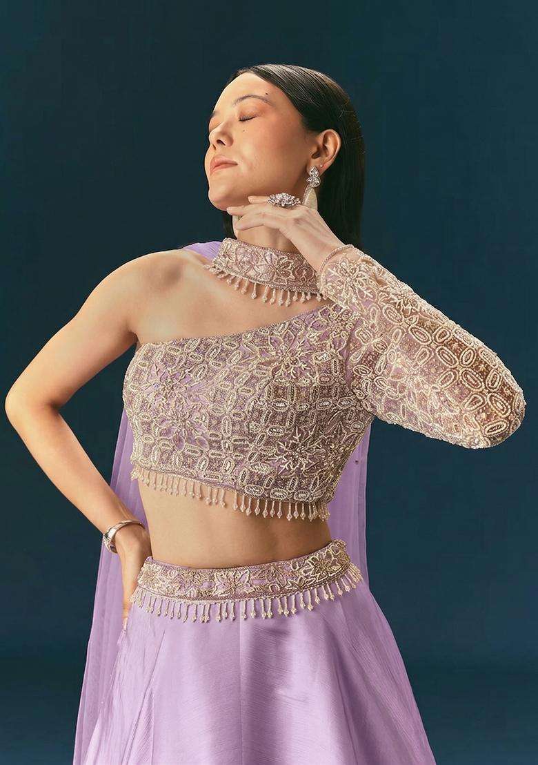 Lavendar Embroidered Handwork Lehenga Set - Indya