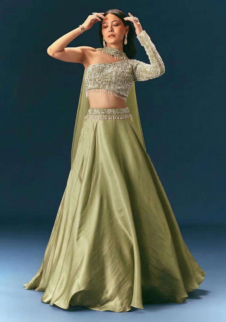 Sage Green Embroidered Handwork Lehenga Set - Indya