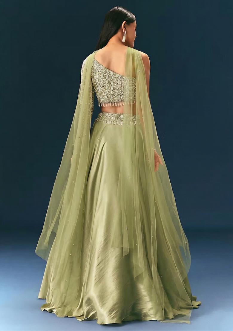 Sage Green Embroidered Handwork Lehenga Set - Indya