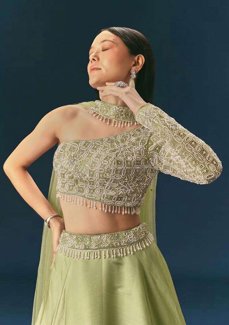 Sage Green Embroidered Handwork Lehenga Set - Indya