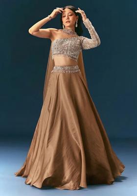 Brown Embroidered Handwork  Lehenga Set