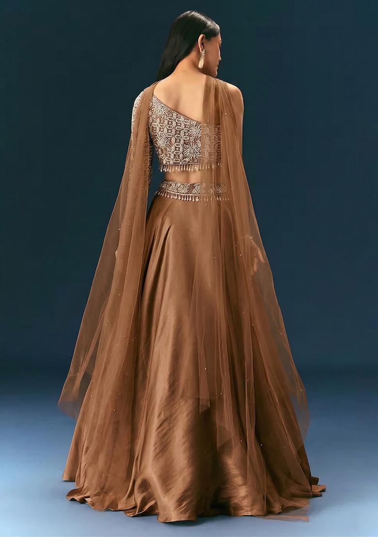 Brown Embroidered Handwork Lehenga Set - Indya