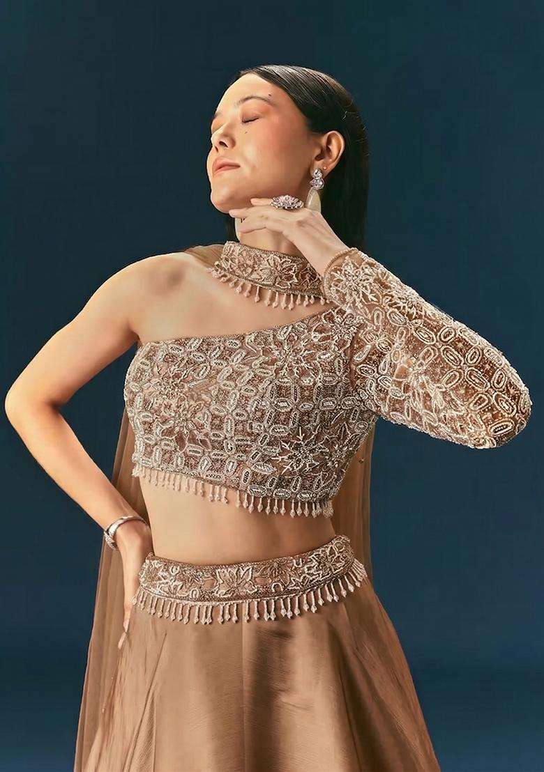 Brown Embroidered Handwork Lehenga Set - Indya