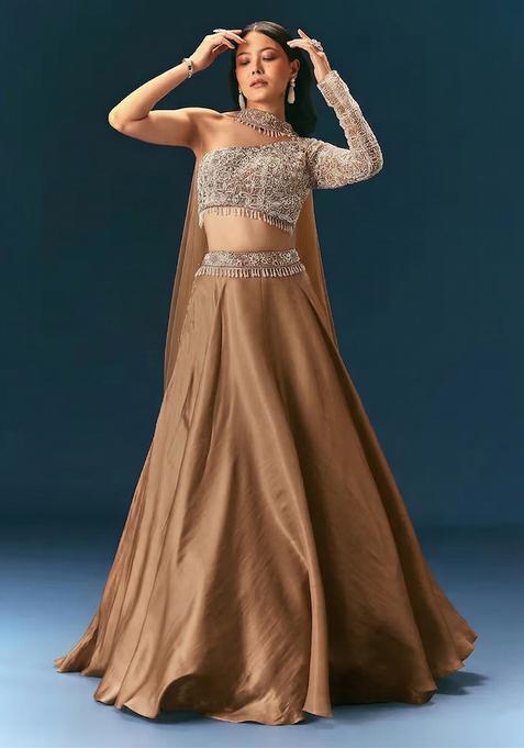 Brown Embroidered Handwork  Lehenga Set