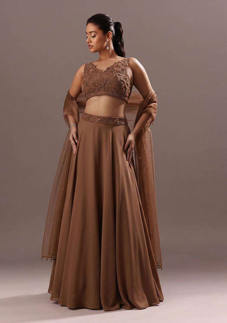 Chocolate Brown Embroidered Handwork Lehenga Set - Indya