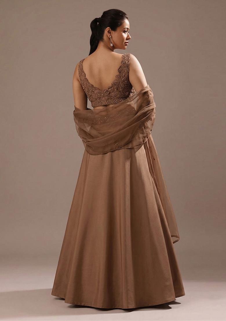 Chocolate Brown Embroidered Handwork  Lehenga Set - Indya