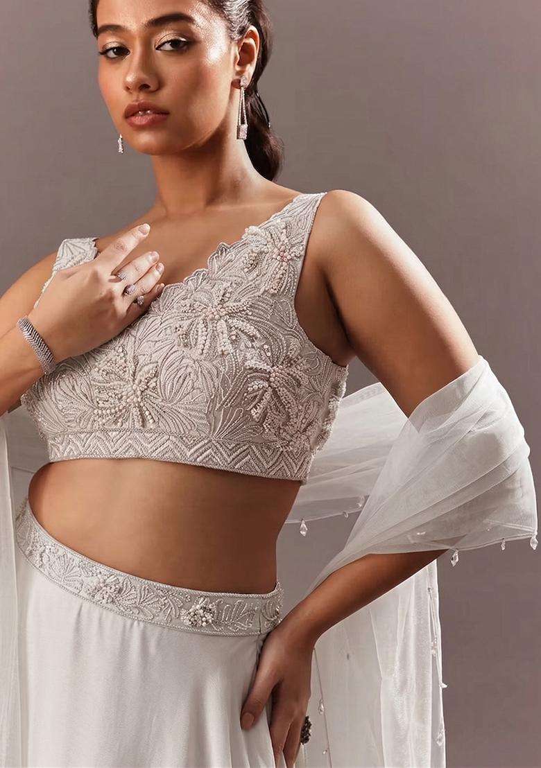 White Embroidered Handwork Lehenga Set - Indya