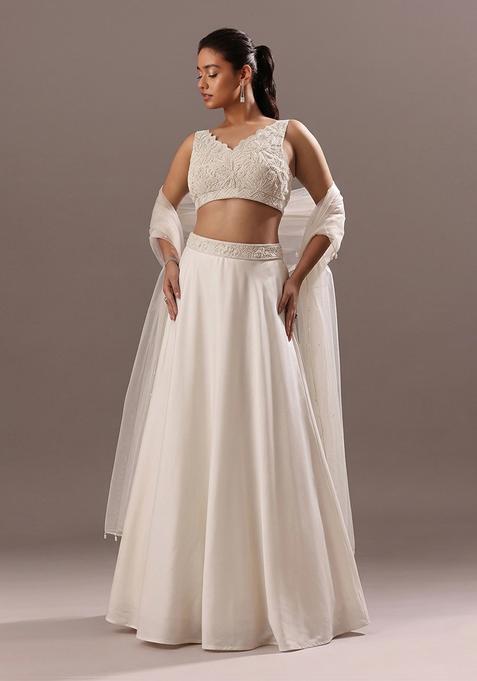 White Embroidered Handwork  Lehenga Set