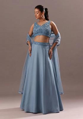 Dusty Blue Embroidered Handwork  Lehenga Set