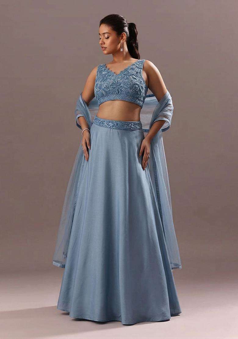 Dusty Blue Embroidered Handwork Lehenga Set - Indya