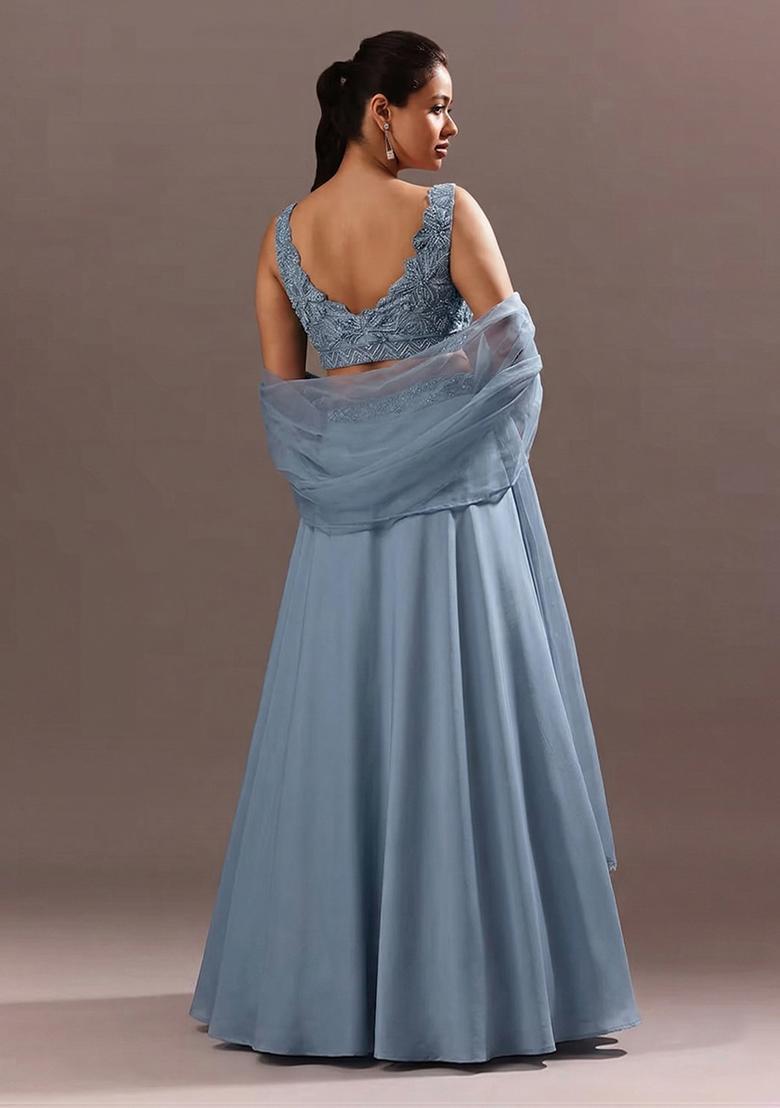 Dusty Blue Embroidered Handwork Lehenga Set - Indya