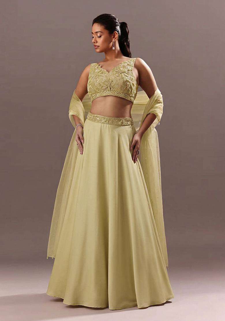 Sage Green Embroidered Handwork Lehenga Set - Indya