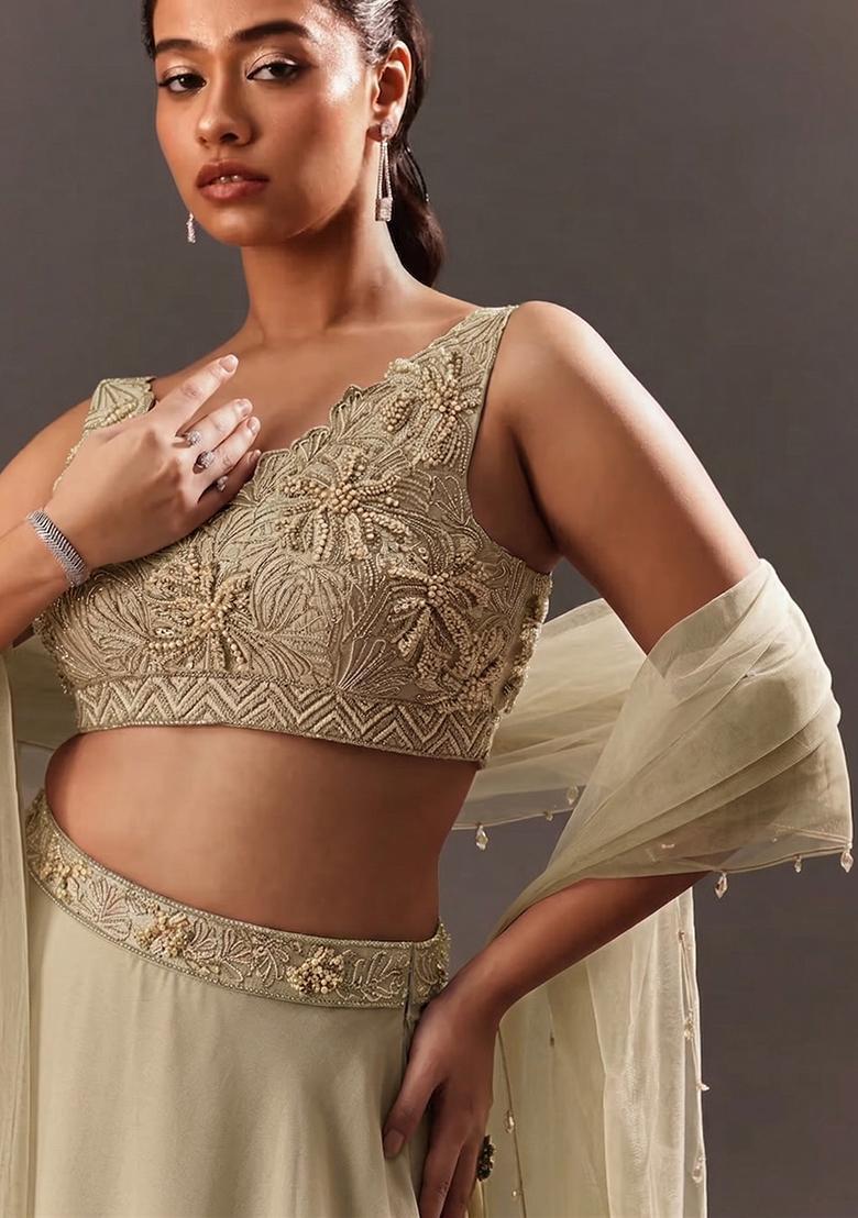 Sage Green Embroidered Handwork Lehenga Set - Indya