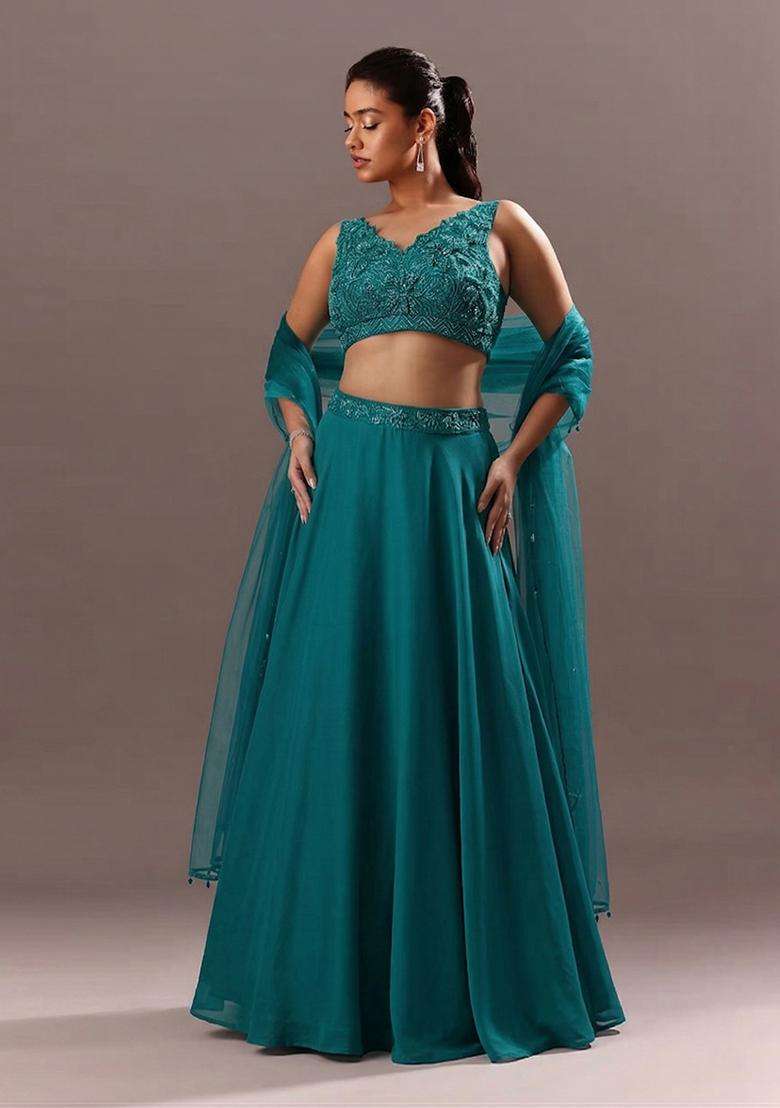 Teal Blue Embroidered Handwork Lehenga Set - Indya