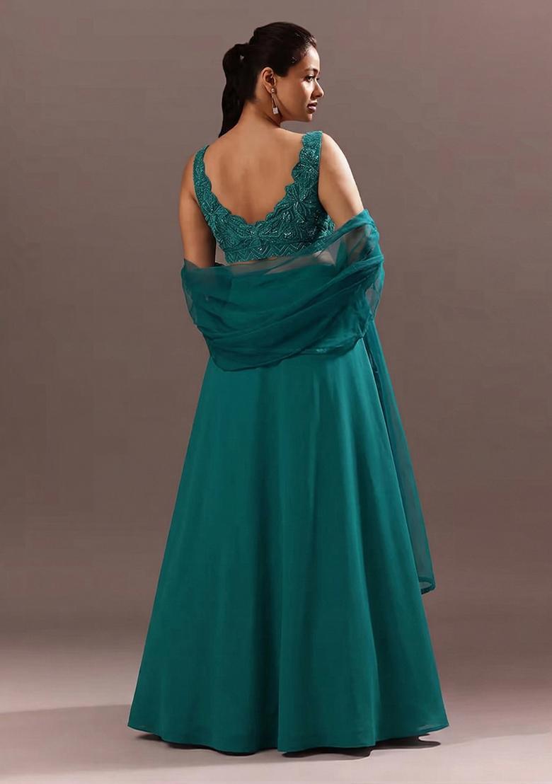 Teal Blue Embroidered Handwork Lehenga Set - Indya