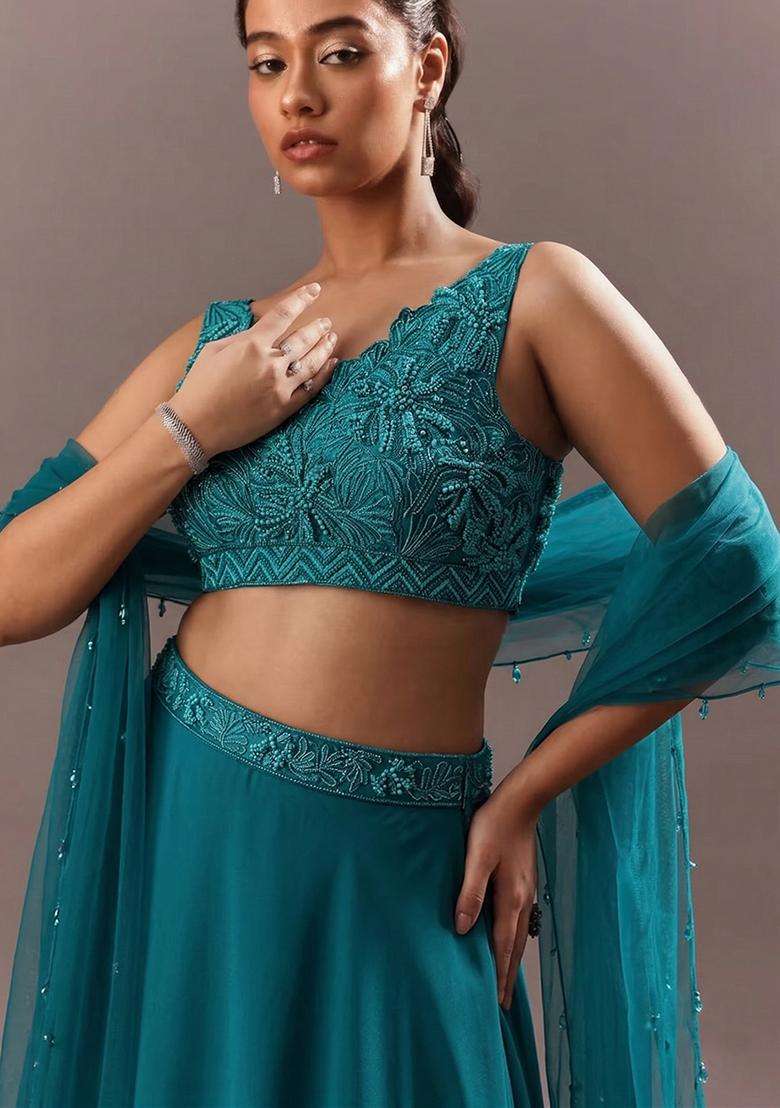 Teal Blue Embroidered Handwork Lehenga Set - Indya