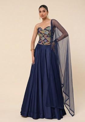 Navy Blue Floral Print Crepe Lehenga Set