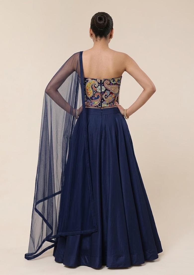 Navy Blue Floral Print Crepe Lehenga Set - Indya