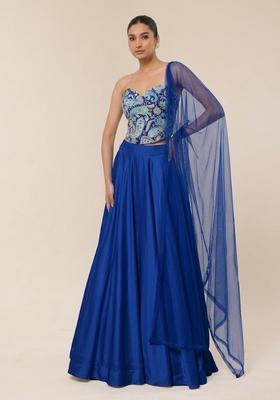 Blue Floral Print Crepe Lehenga Set