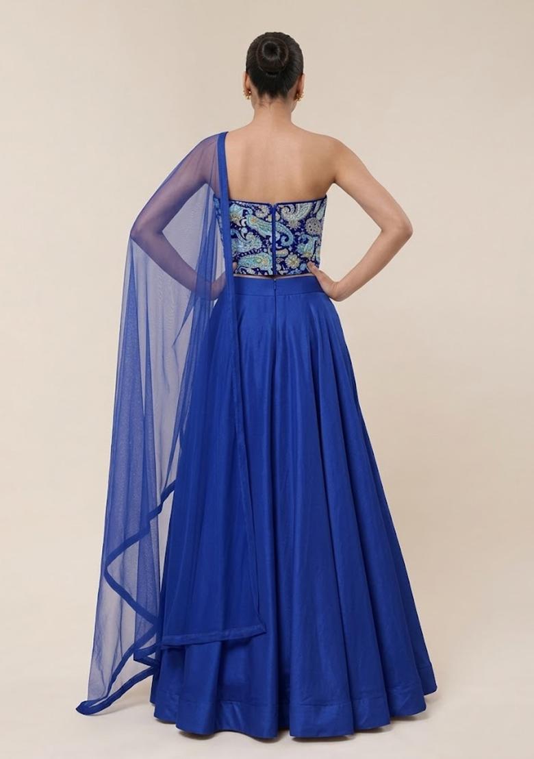 Blue Floral Print Crepe Lehenga Set - Indya
