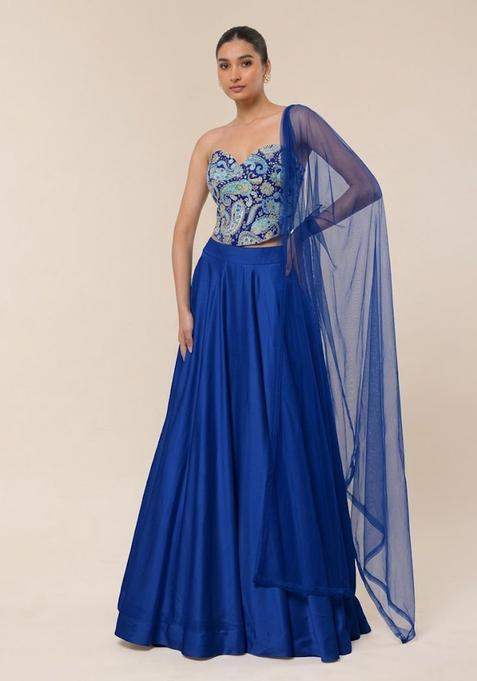 Blue Floral Print Crepe Lehenga Set
