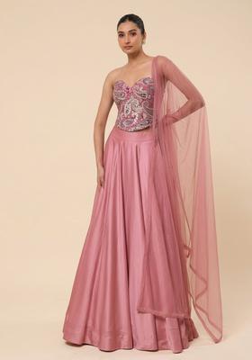 Pink Floral Print Crepe Lehenga Set