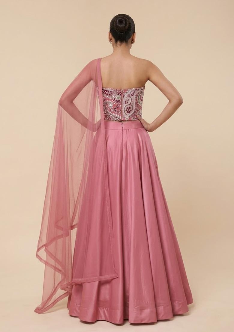 Pink Floral Print Crepe Lehenga Set - Indya
