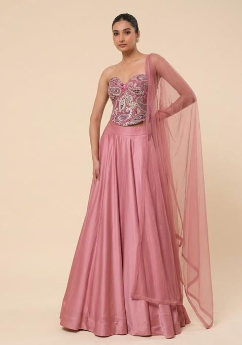 Pink Floral Print Crepe Lehenga Set — view on Indya
