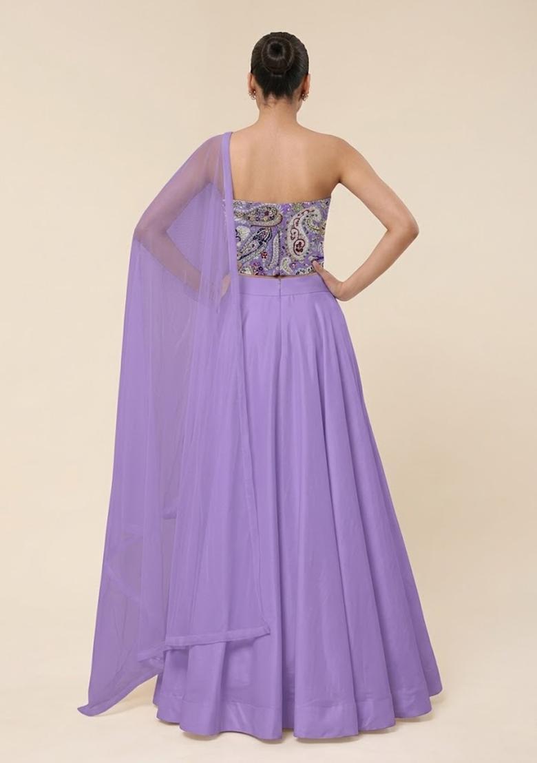 Purple Floral Print Crepe Lehenga Set - Indya