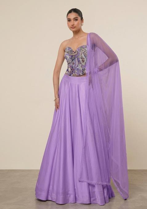 Purple Floral Print Crepe Lehenga Set