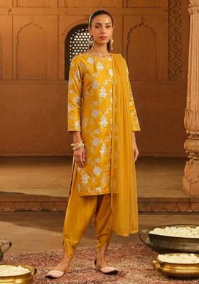 Mustard Yellow Jacquard Silk Kurta Set
