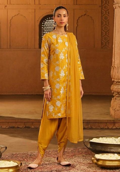 Mustard Yellow Jacquard Silk Kurta Set