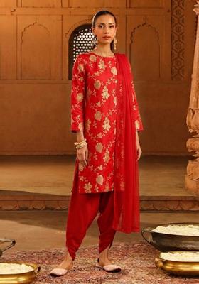 Red Jacquard Silk Kurta Set