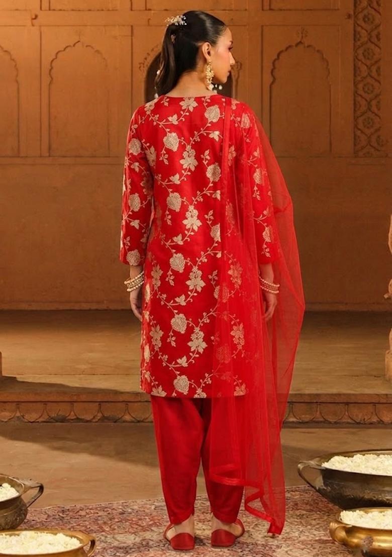Red Jacquard Silk Kurta Set - Indya