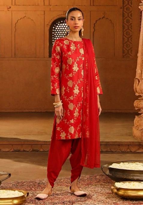 Red Jacquard Silk Kurta Set