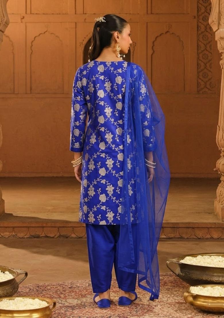 Blue Jacquard Silk Kurta Set - Indya