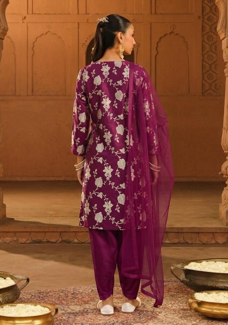 Purple Jacquard Silk Kurta Set - Indya