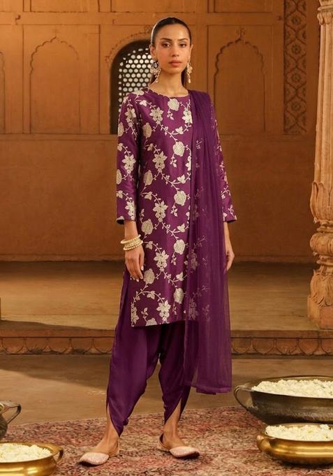Purple Jacquard Silk Kurta Set
