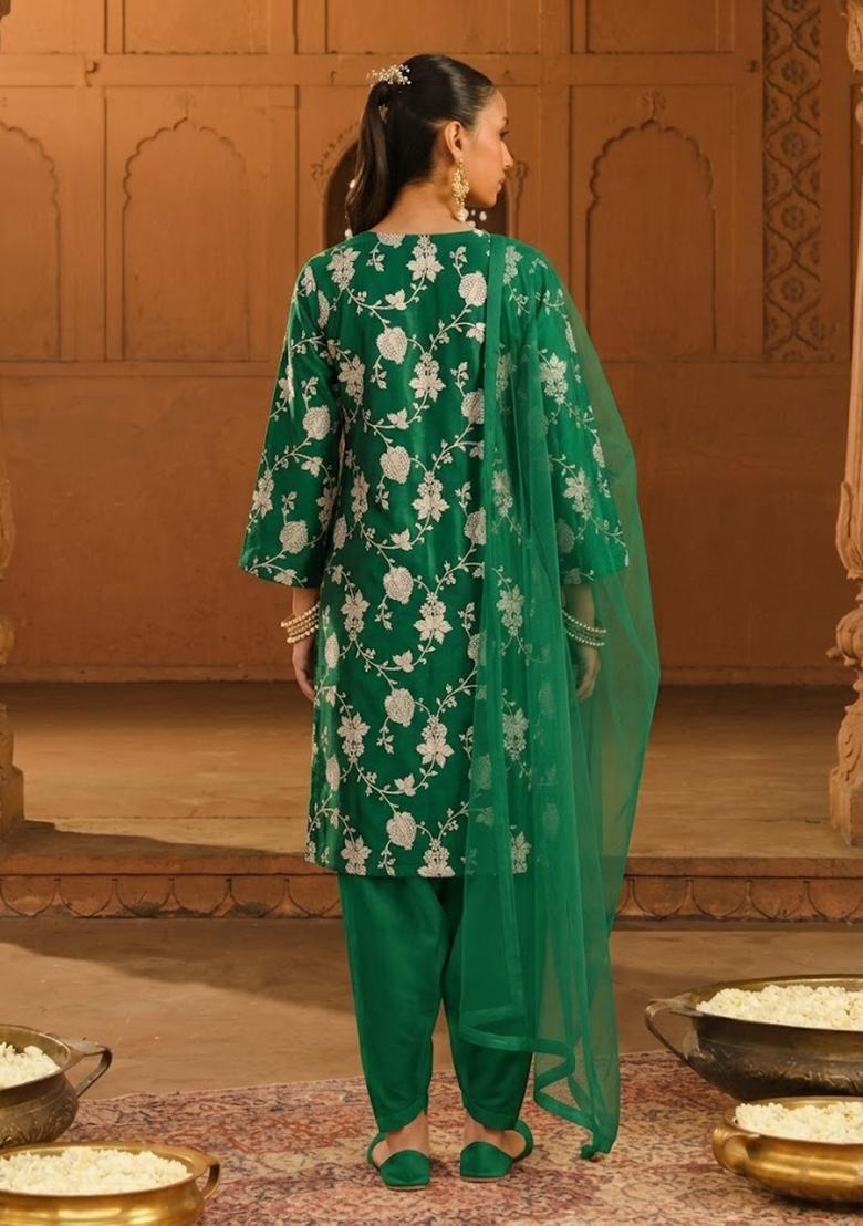 Green Jacquard Silk Kurta Set - Indya