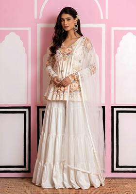 Off White Floral Print Chinon Sharara Set