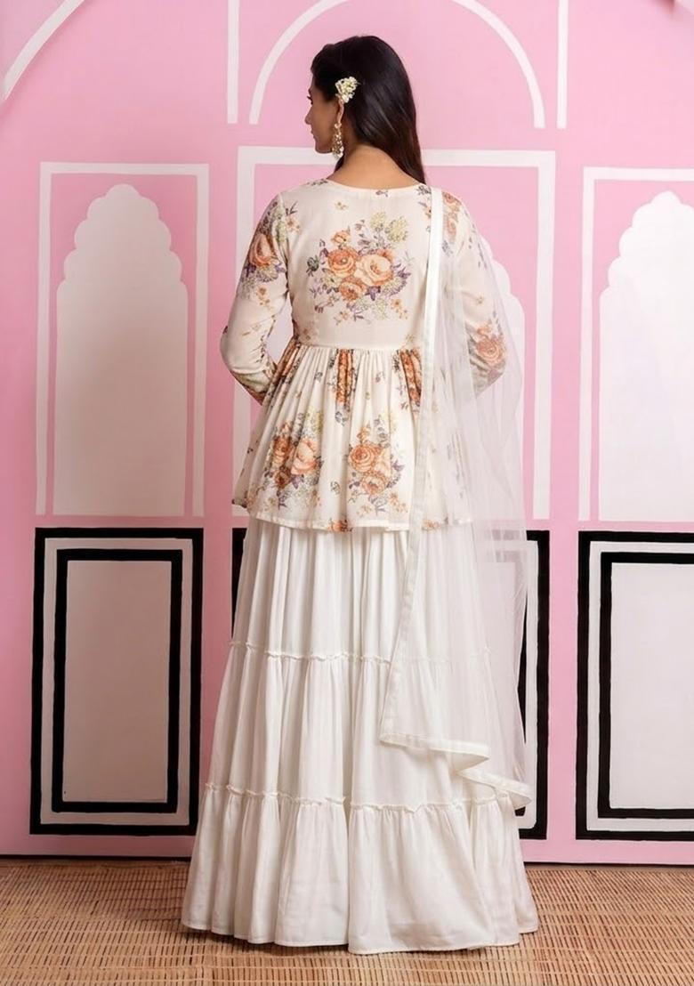 Off White Floral Print Chinon Sharara Set - Indya