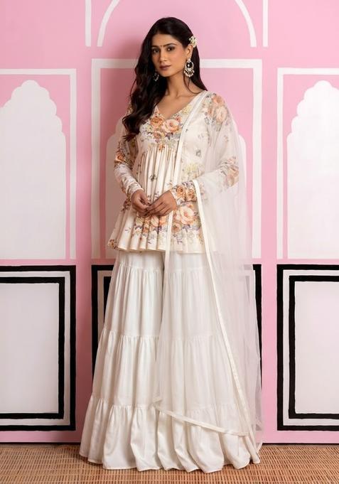 Off White Floral Print Chinon Sharara Set