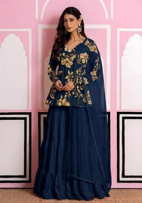 Blue Floral Print Chinon Sharara Set