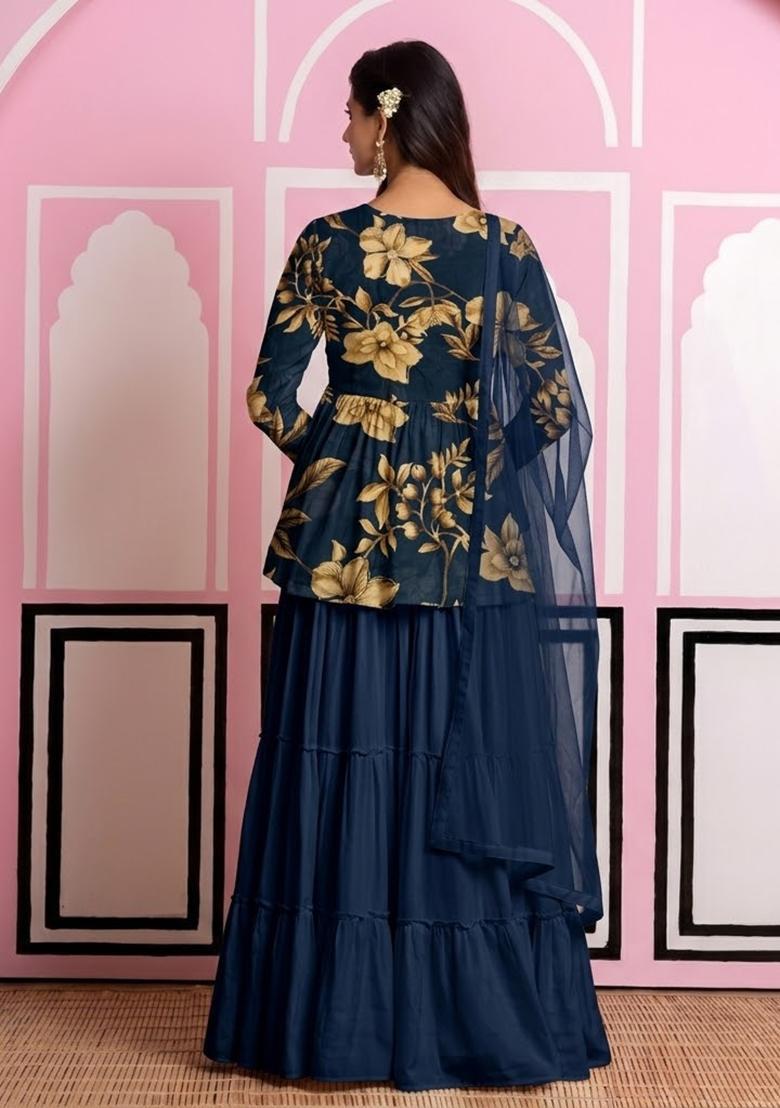 Blue Floral Print Chinon Sharara Set - Indya