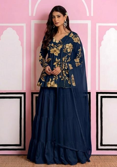 Blue Floral Print Chinon Sharara Set