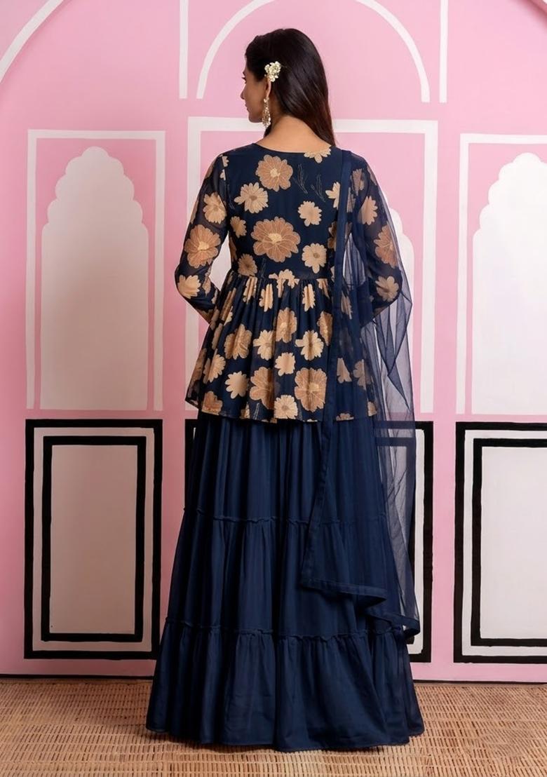 Blue Floral Print Chinon Sharara Set - Indya